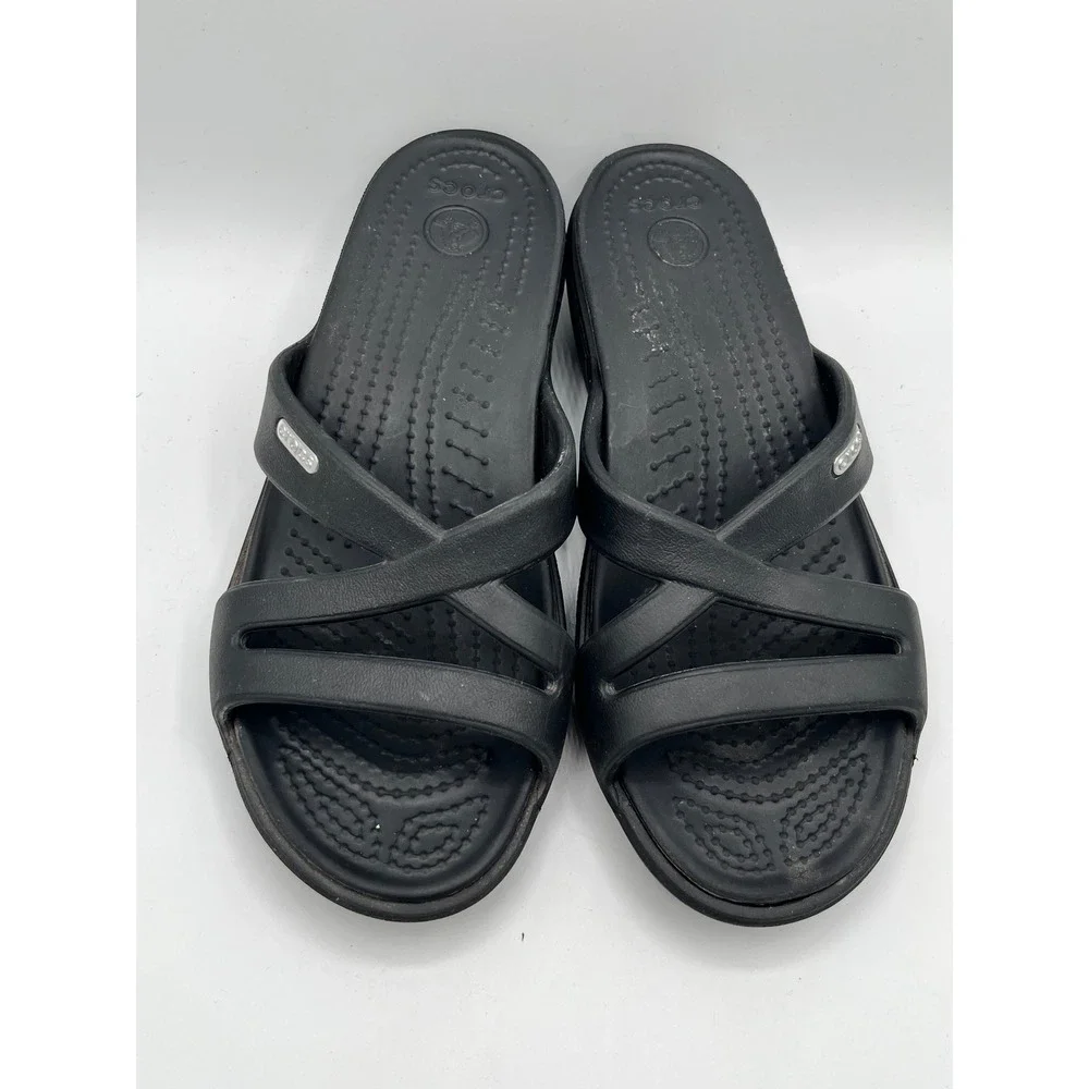 Crocs Meleen Black Strappy Wedge Sandals Women Size 6 Slip On Comfort Shoes